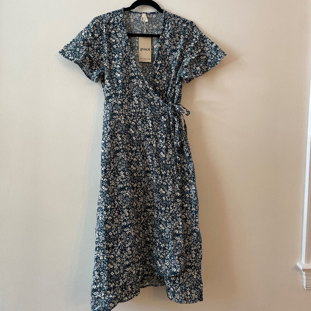 Blue Women's Organic Cotton Cafe Crepe Wrap Dress Size Small